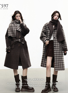 NTS97 双面复古格纹系带围巾长款双面呢大衣女