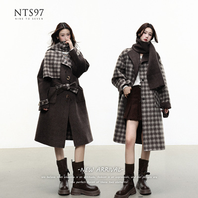 NTS97双面格纹双面呢围巾大衣