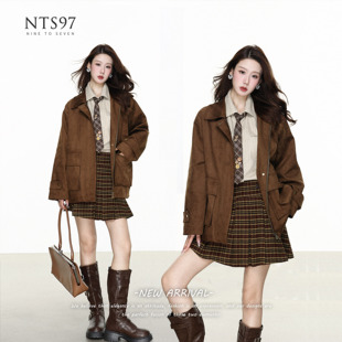 NTS97 外套美拉德风 复古学院风麂皮绒短外套女翻领工装