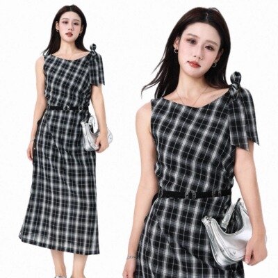 NTS97格纹系带收腰连衣裙