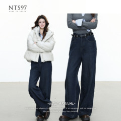 NTS97 加绒阔腿牛仔裤女冬季深蓝色宽松直筒复古长裤