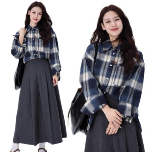 衬衫 NTS97 2024秋磨毛韩系蓝色格纹宽松miu系长袖