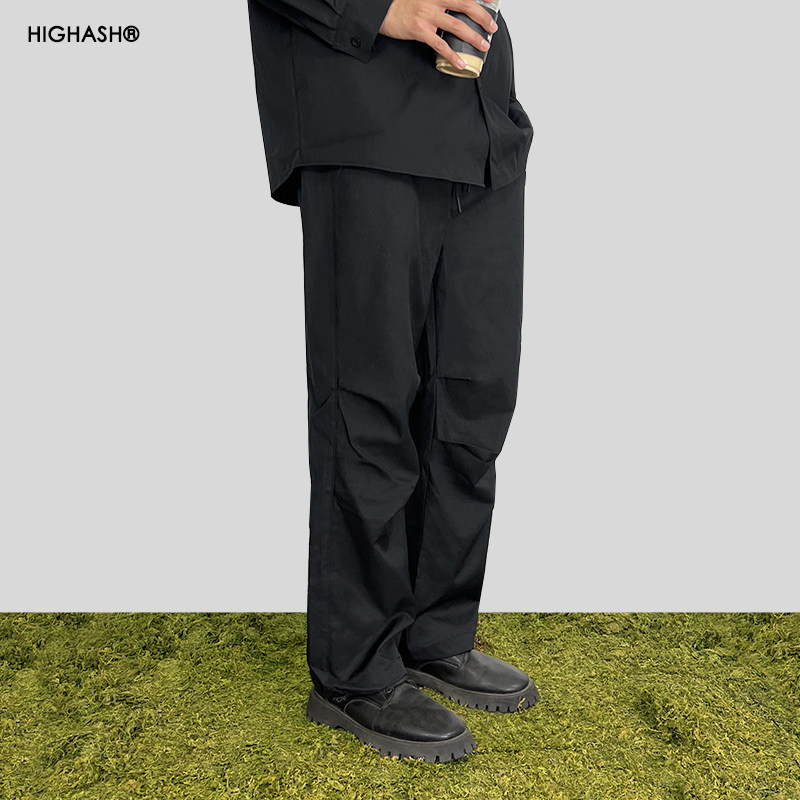 HIGHASH工装宽松直筒阔腿束脚设计感美式黑色褶皱宽松长裤伞兵裤