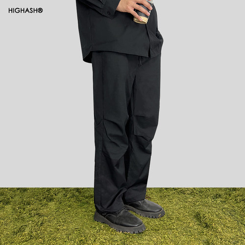 HIGHASH工装宽松直筒阔腿束脚设计感美式黑色褶皱宽松长裤伞兵裤