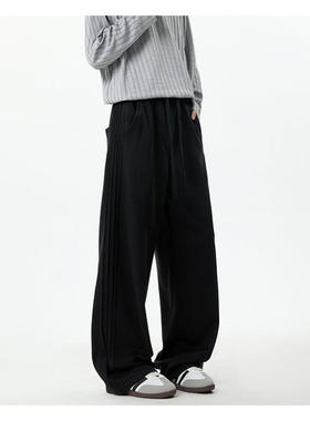 裤子男冬季宽松直筒加绒加厚潮牌个性男女款运动休闲灰色卫裤长裤