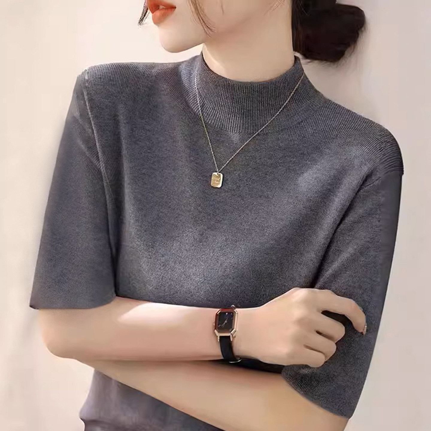 大码半高领五分袖针织打底衫毛衣女短袖内搭上衣中袖t恤胖mm春秋