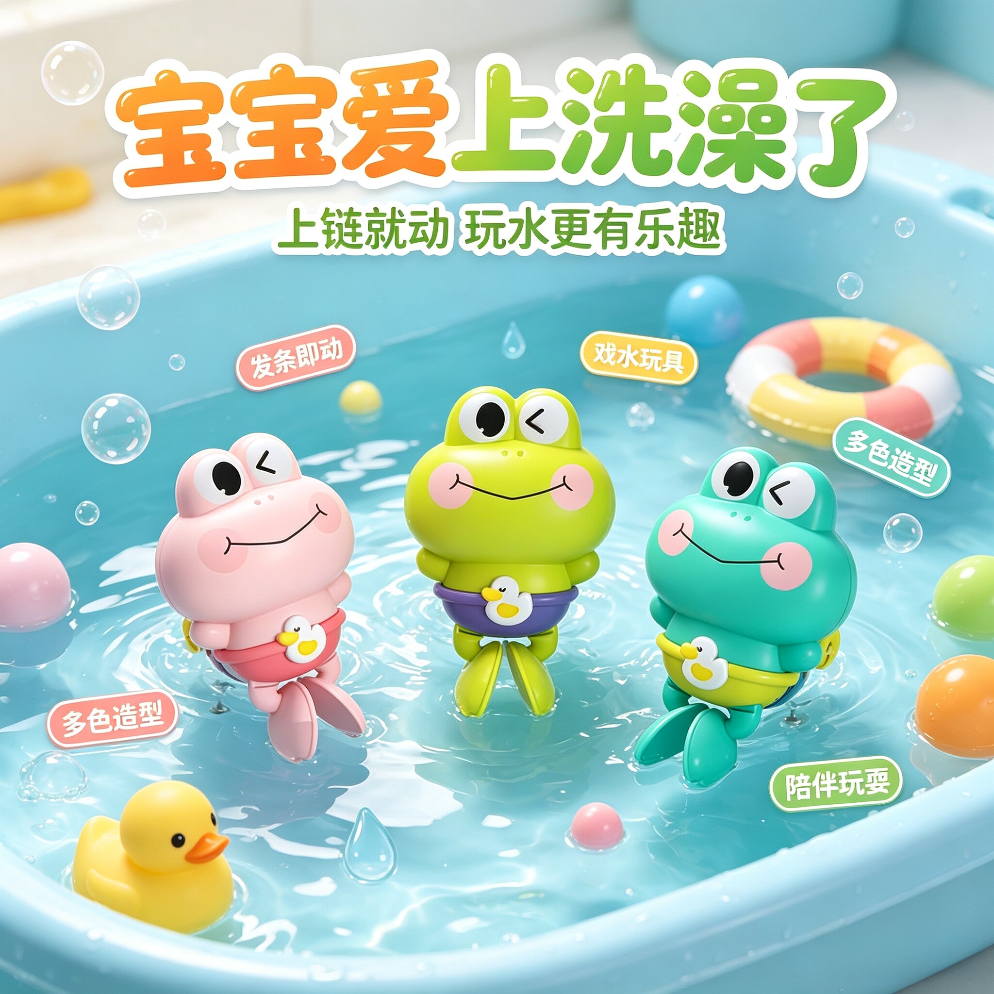 夏季儿童洗澡戏水玩具上链发条游泳青蛙宝宝水上漂浮男孩玩水玩具