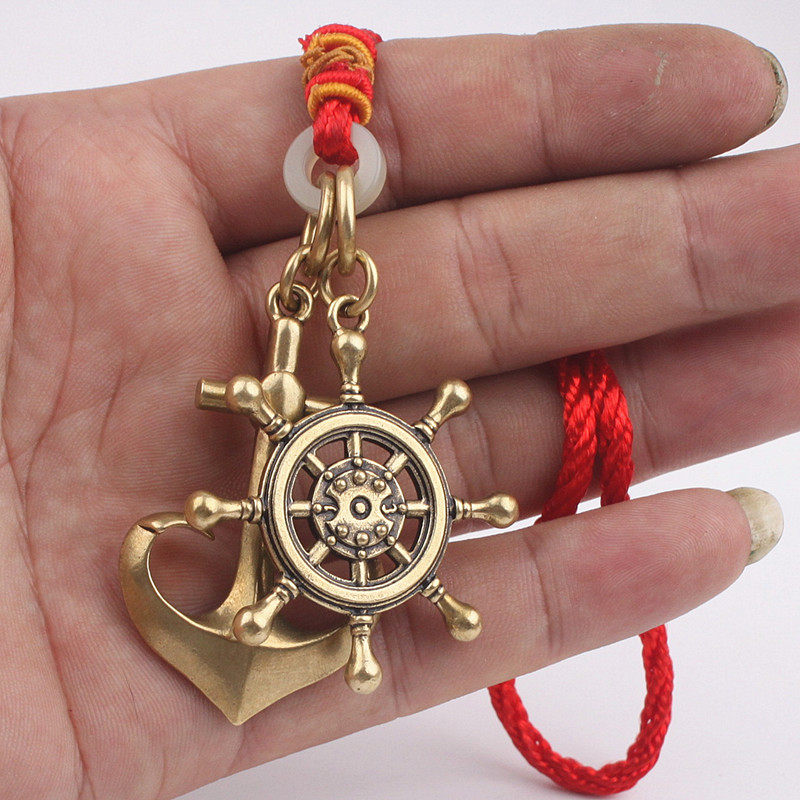 纯黄铜船舵船锚钥匙扣儿童男女平安创意手工礼品项链挂件吊坠配件