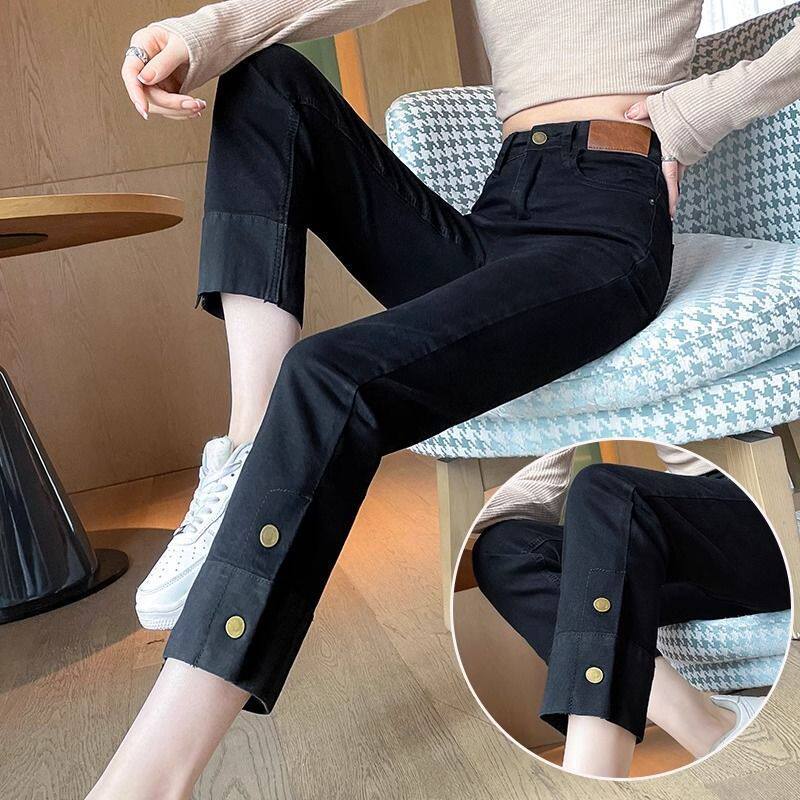黑色窄版直筒牛仔裤女2025春季新款高腰显瘦小个子九分法棍烟管裤