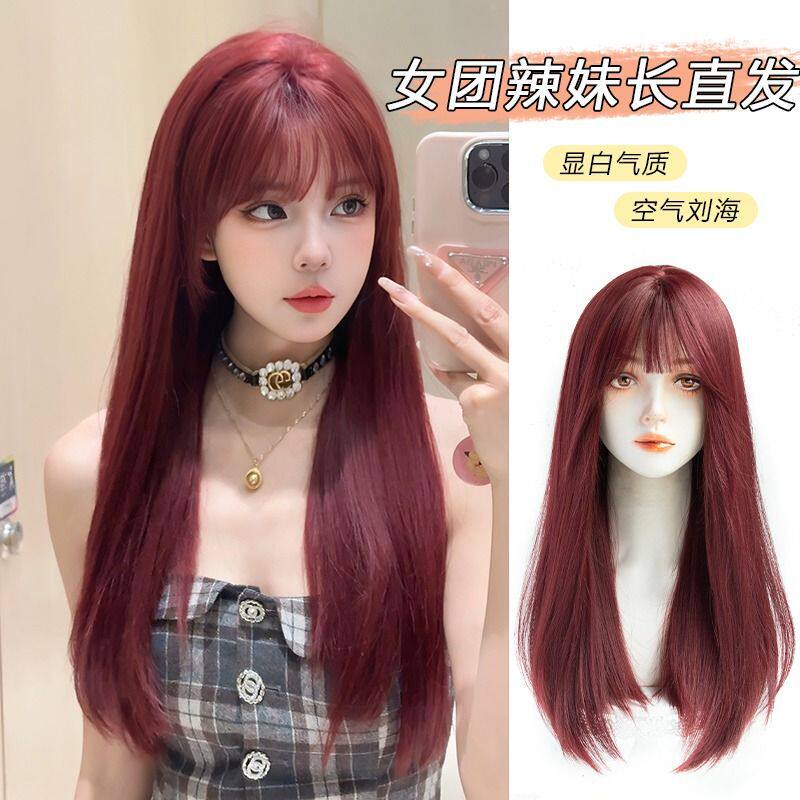 出口热卖树莓红假发女长发显白酒红色女团发色网红辣妹lolita