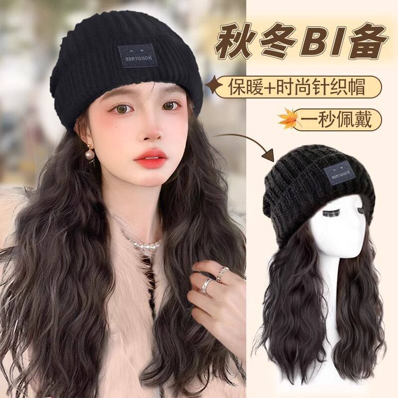 出口热卖若兰帽子假发一体女时尚百搭针织帽全头套波浪卷仿真发整