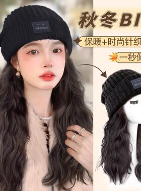 出口热卖若兰帽子假发一体女时尚百搭针织帽全头套波浪卷仿真发整