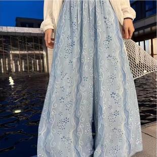 软糯舒适有垂 休闲人造棉遛弯裤 海洋蓝睡裤 女棉绸九分阔腿裤