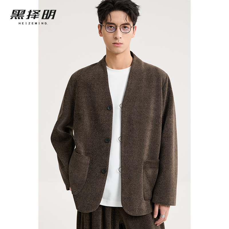 黑择明男士肌理感夹克25秋季新款宽松休闲百搭时尚无领仿毛呢外套