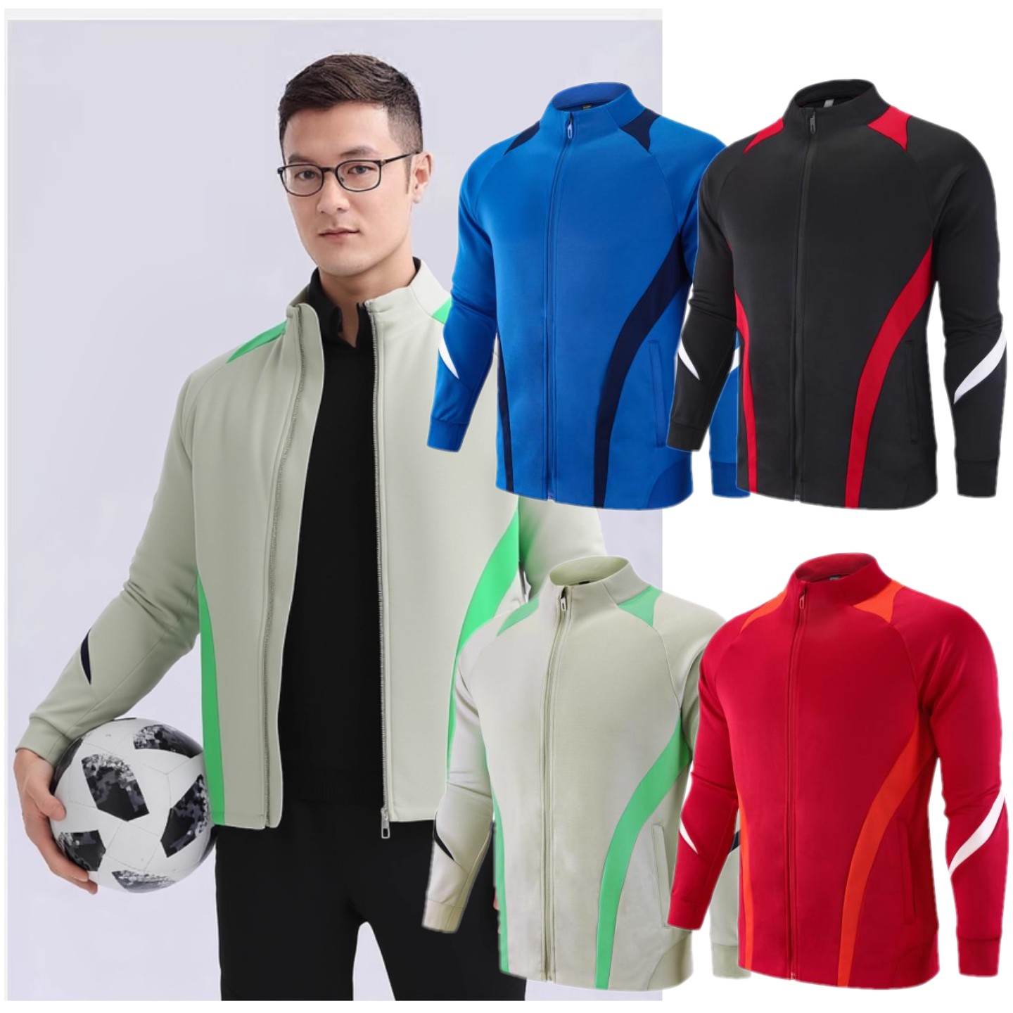 秋冬款时尚运动套装撞色户外跑步男女拉链立领夹克外套足球训练服