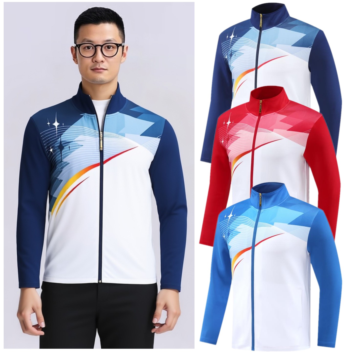 秋冬款撞色户外时尚运动套装立领拉链夹克男女外套跑步足球训练服