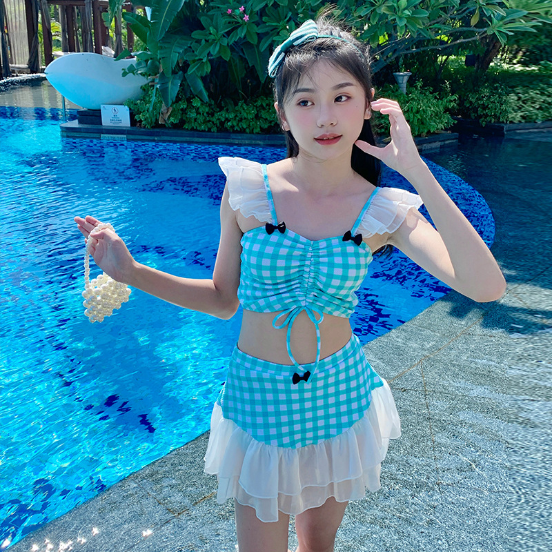 儿童分体款泳衣女孩中大童学生带胸垫洋气裙式游泳衣女童2025新款