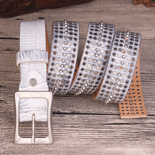 朋克风牛皮腰带女铆钉潮中性牛仔风金属皮带复古真皮柳钉裤 带哈雷