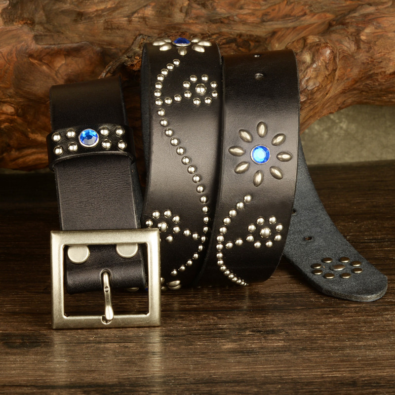 头层牛皮针扣腰带复古镶钻植鞣皮皮带男加厚耐用不变形裤带牛仔风