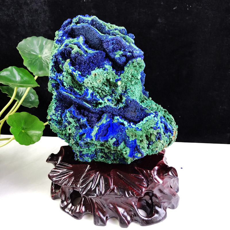 天然蓝铜矿孔雀石原石水晶奇石收藏礼品客厅会议办公室桌装饰摆件