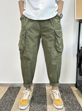 军绿工装休闲裤男夏季薄款宽松哈伦裤少年感穿搭大口袋阔腿九分裤