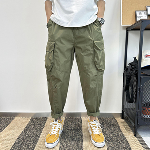 休闲裤 少年感穿搭大口袋阔腿九分裤 男夏季 宽松哈伦裤 薄款 军绿工装