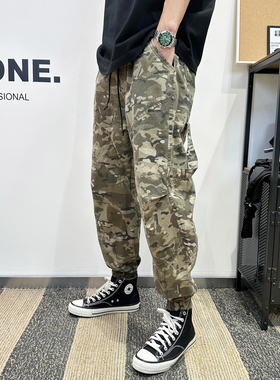 夏季薄款迷彩休闲裤男宽松哈伦裤九分工装裤束脚裤巴黎灰小脚裤子