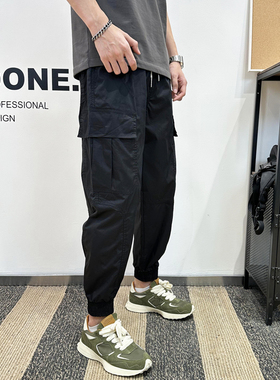 2025春夏季工装裤子男款高段位纯色宽松阔腿九分束脚裤小脚哈伦裤