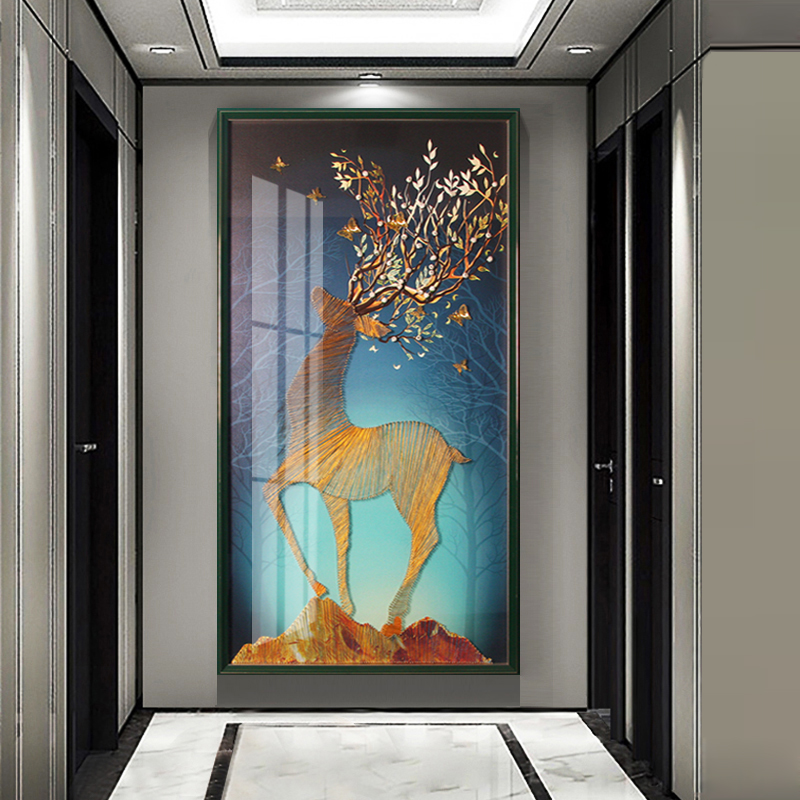 轻奢入户玄关装饰画走廊过道竖版壁画创意手工钉子绕线立体鹿挂画图片