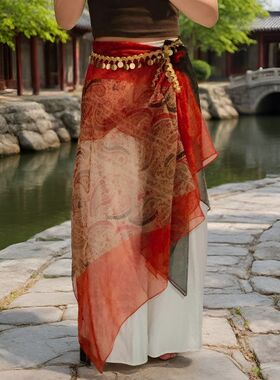 腰部异域风丝巾腰链橙色系遮臀帘古风腰屁帘腰间搭配民族风腰封