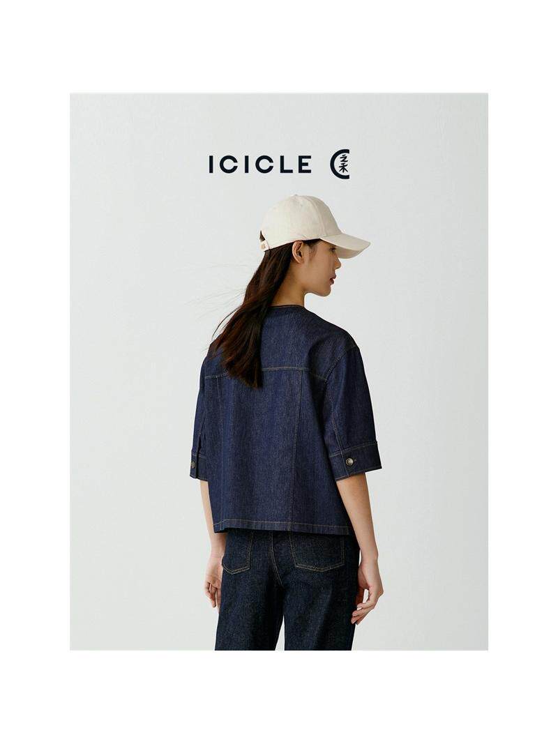 XIAOHE 같은 스타일 여성 2024 봄 여름 새로운 패션 라운드 넥 얇은 스트레치 데님 재킷 반팔 셔츠 재킷