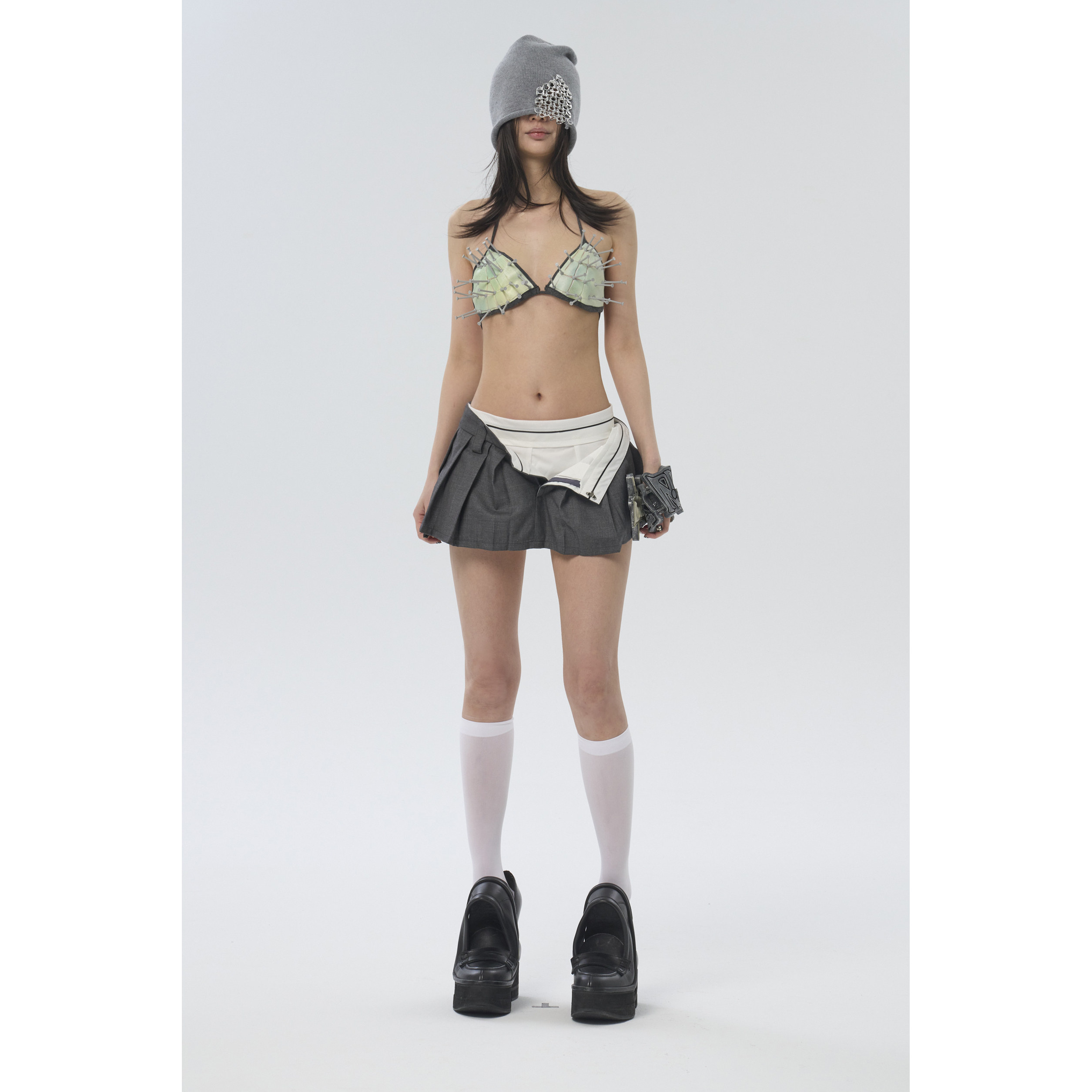 bite on bite 羊毛双层解构假开襟翻边西装中低腰超短A字百褶裙