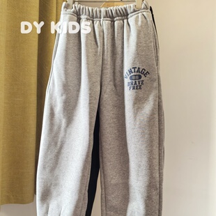 宋大牙日常穿搭25加厚加绒男孩简约字母宽松运动长裤黑色耐脏学生