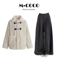 parkyeon韩版时尚撞色拼接保暖外套女深灰色宽松显瘦休闲裤套装