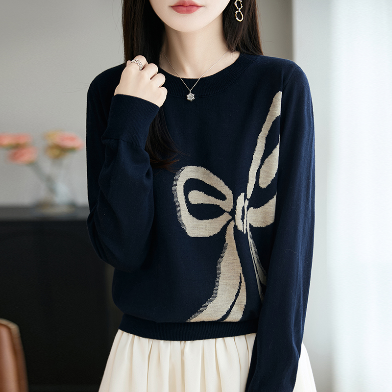 早秋蝴蝶结提花针织打底衫女2025新款春秋洋气大码女装秋冬毛衣