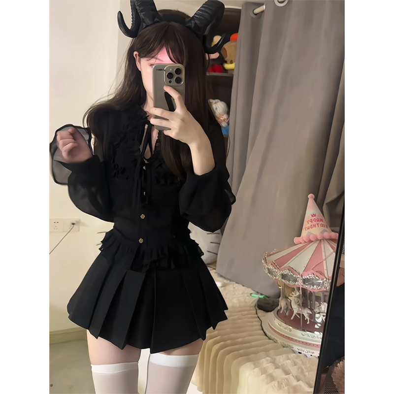 纯欲风黑色套装裙女夏季新款