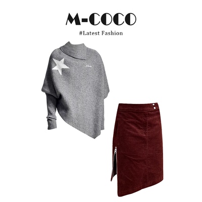 parkyeon韩系灰色高领不规则斗篷毛衣针织衫搭红色半身裙套装