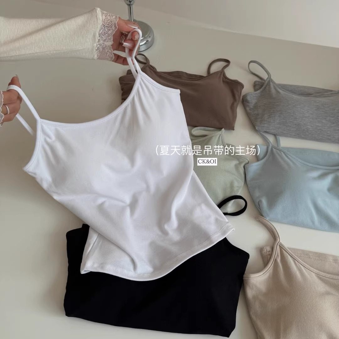 自留款美背！白色吊带背心女一体杯带胸垫上衣夏季打底遮副乳文胸