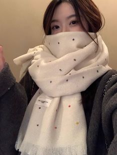纯色白色围巾女秋冬季2025新款波点流苏韩版披肩两用高级感围脖