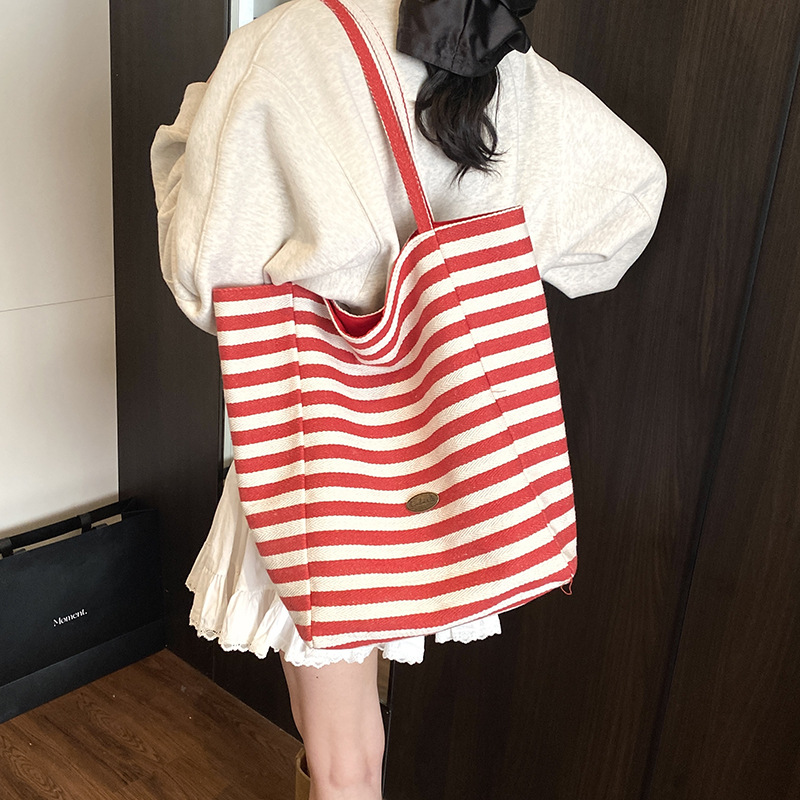 条纹托特包女韩版ins慵懒风百搭双面包学生大容量通勤休闲单肩包