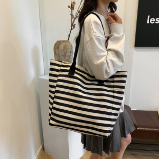 夏季简约休闲黑白条纹单肩帆布包包女大学生慵懒风韩版上班通勤包