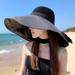 防紫外线遮脸渔夫帽沙滩草帽防晒太阳帽 超大帽檐遮阳帽子女夏新款