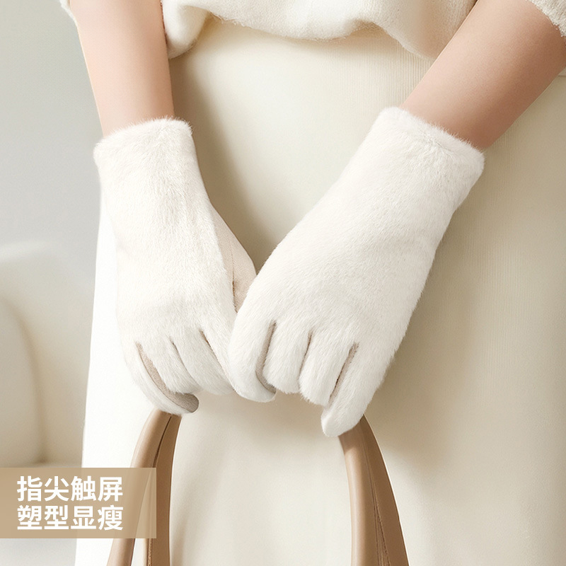 手套女冬季2025新款骑车防风加绒防寒保暖开车露指触屏白色手套女