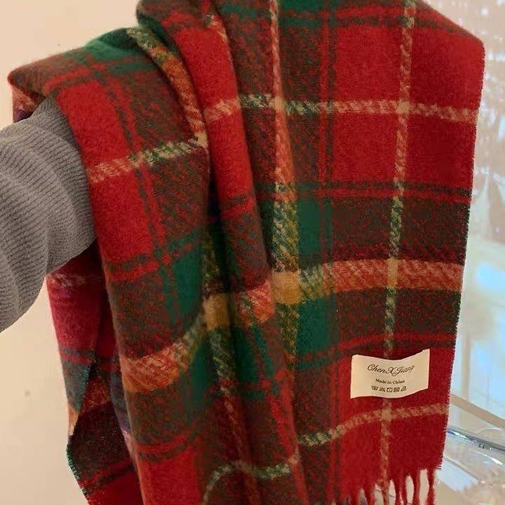 新年圣诞红流苏格子围巾女冬韩系加厚加宽保暖披肩学生高级感围脖
