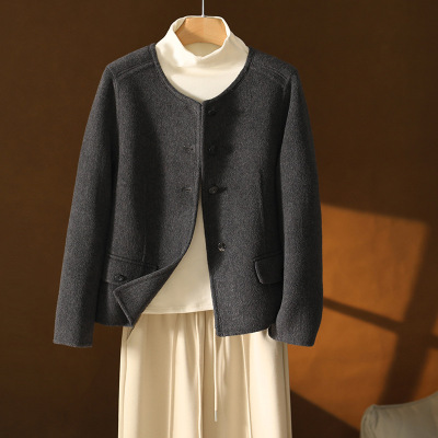 今年流行特惠2025双面羊绒大衣短款灰色单排扣通勤气质女式毛呢
