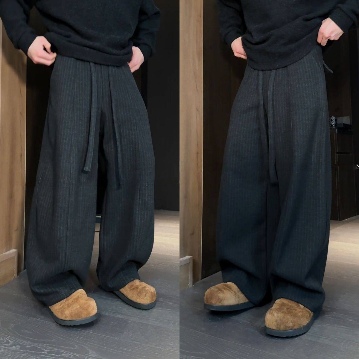 今年流行特惠时尚潮流百搭弯刀阔腿裤飘带抽绳男加绒休闲裤秋冬