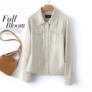 今年流行特惠真皮夹克短款外套女翻领米白色韩版小个子2024新款