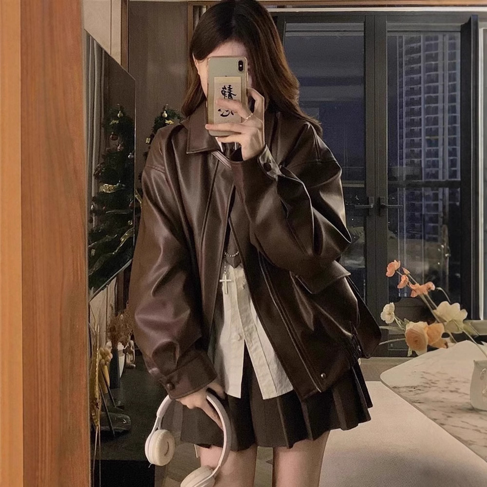 今年流行特惠美拉德棕色机车皮衣外套女2024新款春秋美式复古