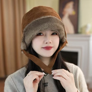 麂皮绒复古一帽多戴渔夫帽子女款2025新款冬季加厚保暖防寒护耳帽
