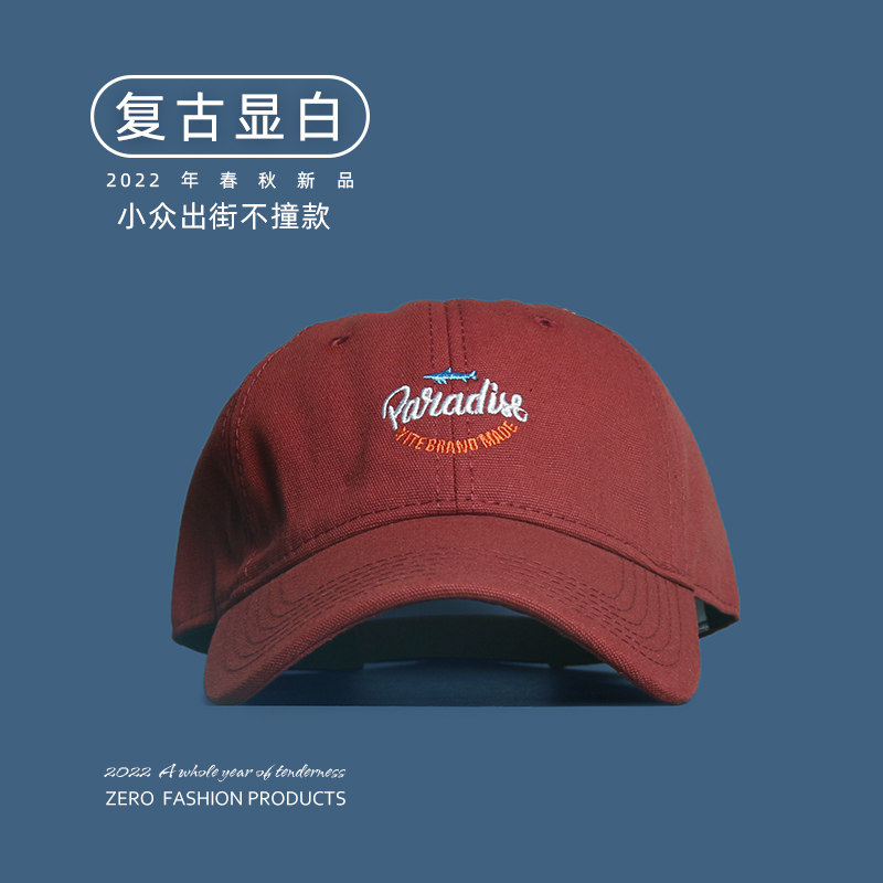 美式复古棒球帽男女显脸小软顶鸭舌帽春秋遮阳刺绣红色帽子春夏潮